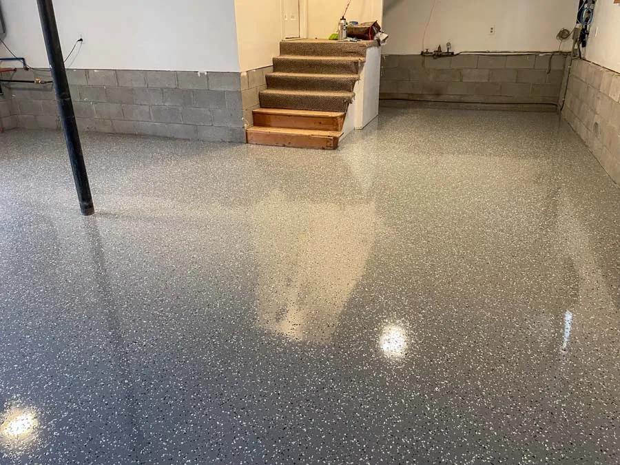 Speckled flake epoxy garage floor, concrete coating serving Nashville, TN