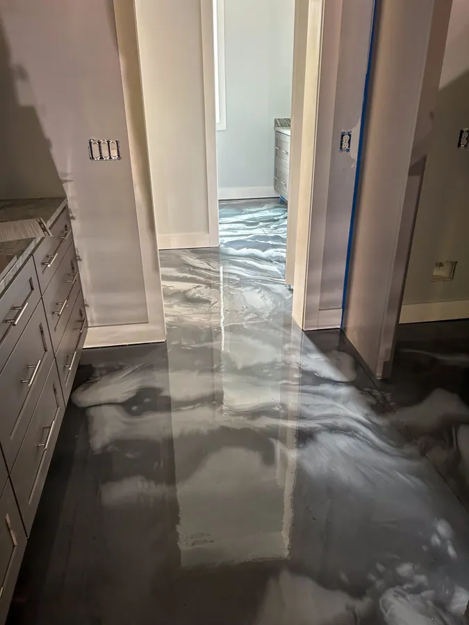 Marble-look epoxy hallway floor, concrete coating serving Nashville, TN