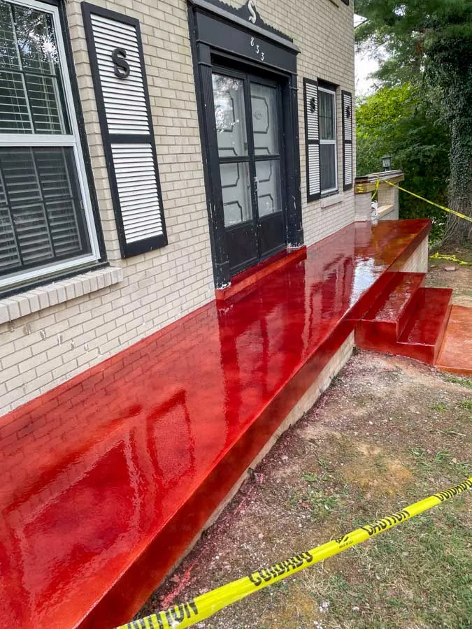 Red epoxy coated outdoor steps and platform, concrete floor coating serving Mount Juliet, TN